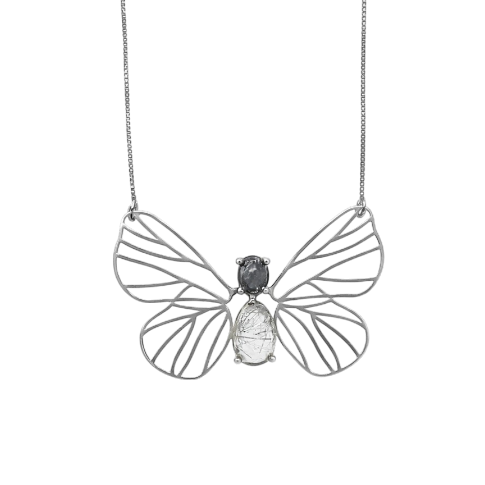 Colar Borboleta Quartzo Rutilado Grafite Prata