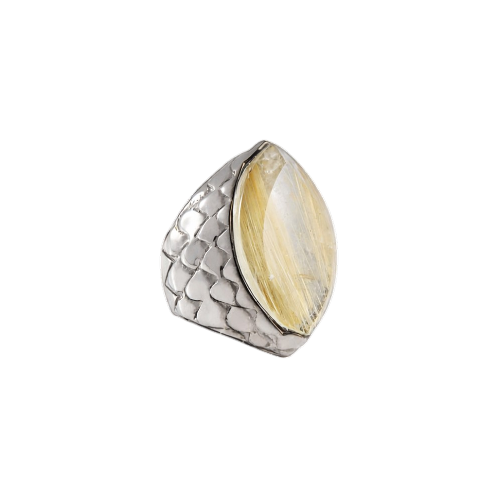 Anel Escamas Quartzo Rutilado Dourado Prata