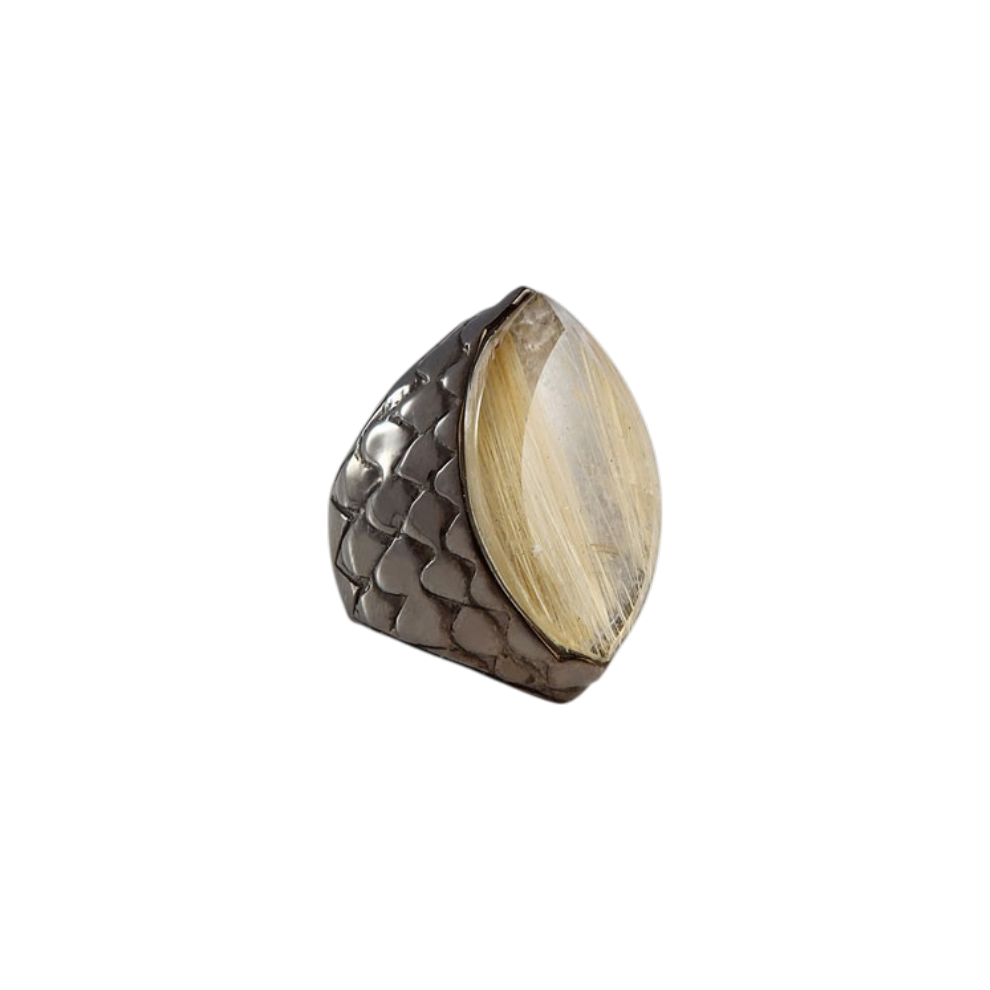 Anel Escamas Quartzo Rutilado Dourado Prata