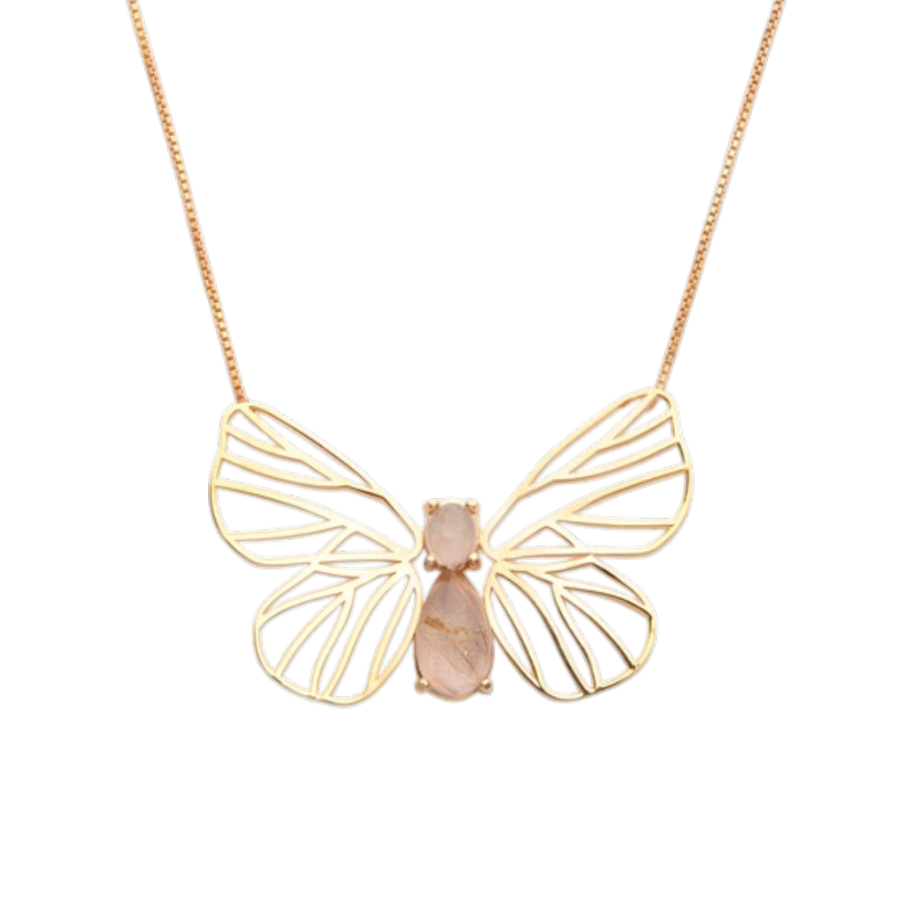 Colar Borboleta Quartzo Rutilado Dourado Prata