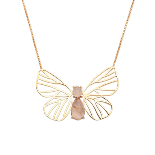 Colar Borboleta Quartzo Rutilado Dourado Prata