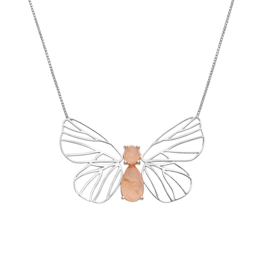 Colar Borboleta Quartzo Rutilado Dourado Prata