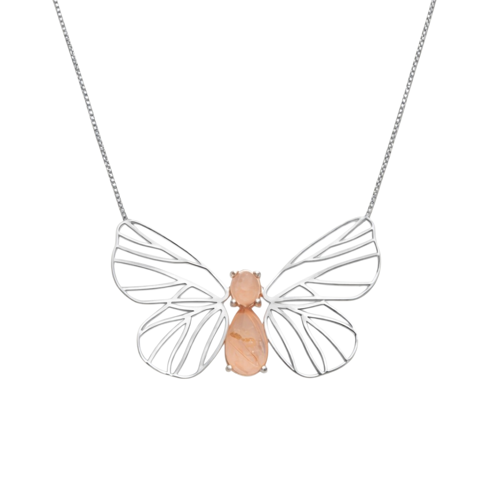 Colar Borboleta Quartzo Rutilado Dourado Prata
