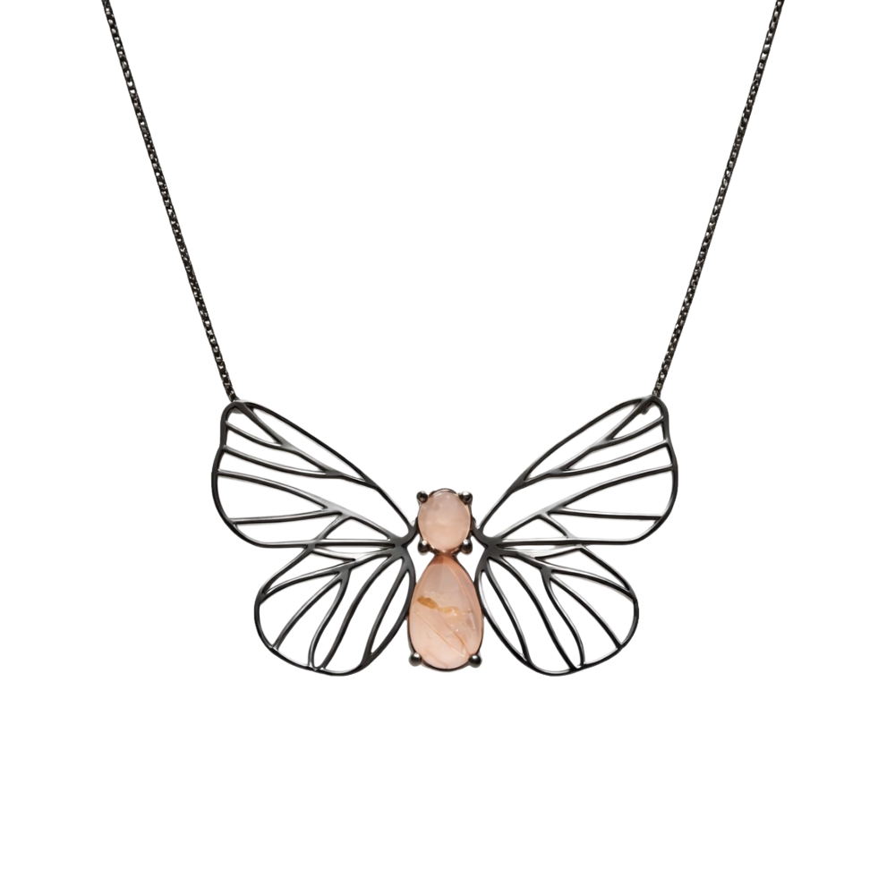 Colar Borboleta Quartzo Rutilado Dourado Prata