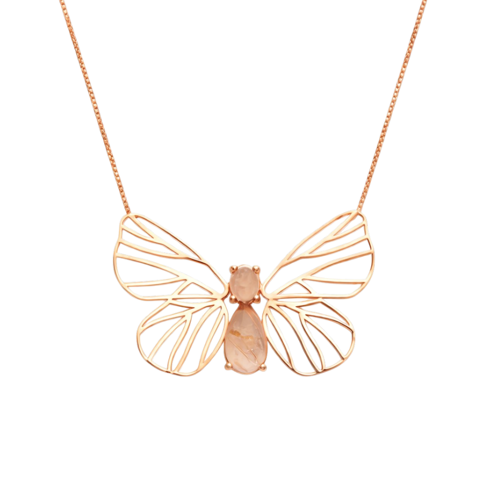 Colar Borboleta Quartzo Rutilado Dourado Prata