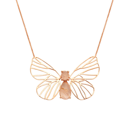 Colar Borboleta Quartzo Rutilado Dourado Prata