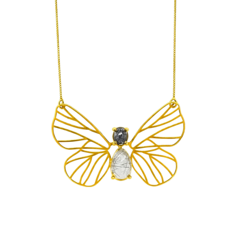 Colar Borboleta Quartzo Rutilado Grafite Prata