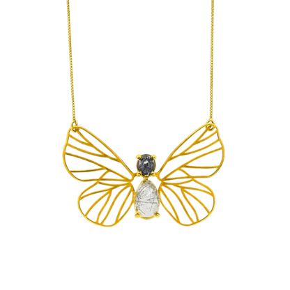 Colar Borboleta Quartzo Rutilado Grafite Prata