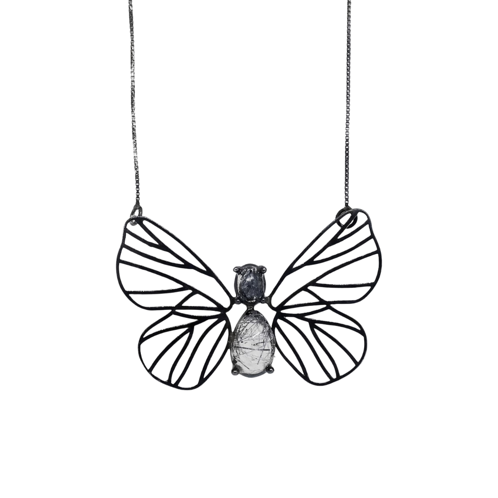 Colar Borboleta Quartzo Rutilado Grafite Prata