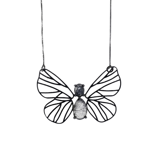 Colar Borboleta Quartzo Rutilado Grafite Prata