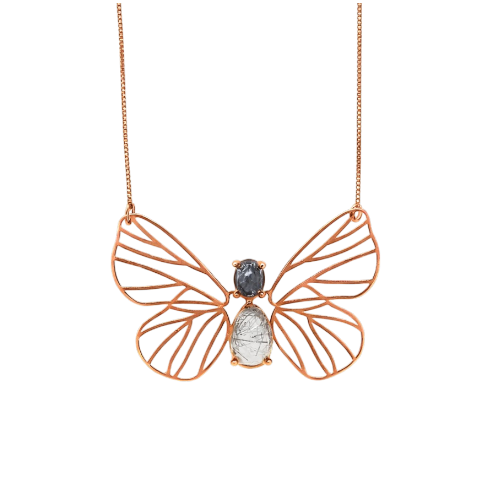 Colar Borboleta Quartzo Rutilado Grafite Prata