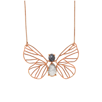 Colar Borboleta Quartzo Rutilado Grafite Prata