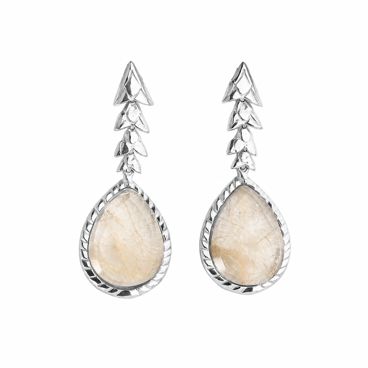 Brinco Escamas Quartzo Rutilado Dourado Prata