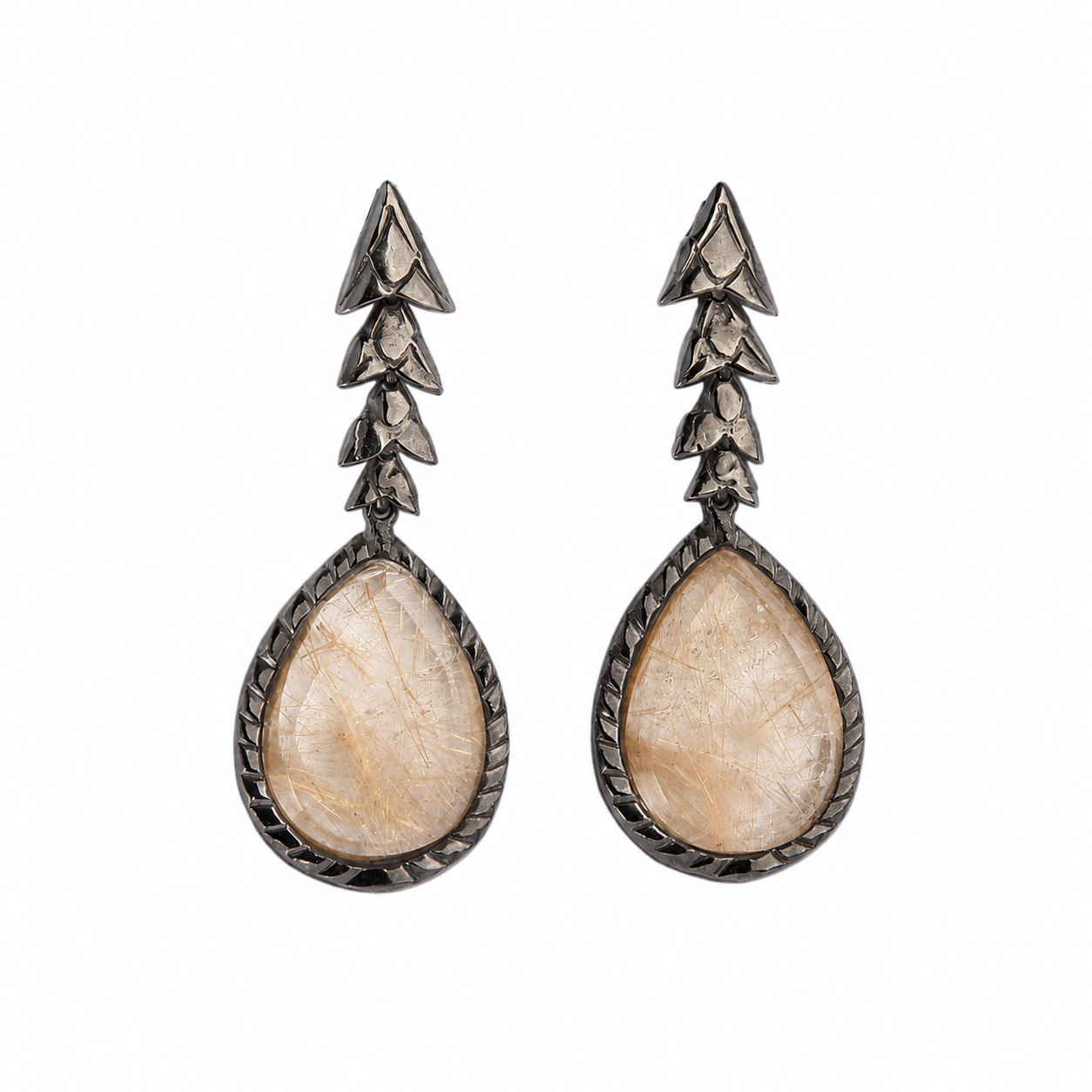 Brinco Escamas Quartzo Rutilado Dourado Prata